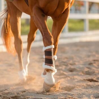 Um close-up das pernas dianteiras de um cavalo andando em um terreno arenoso em um cercado, usando botas de proteção para as pernas Caneleiras Sixteen Cypress 16C Fleece com forro de fleece branco.