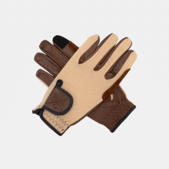 As luvas Luvas 16 Cypress Performance em bege e marrom com acabamento preto, aba decorativa e punhos elásticos são colocadas planas e sobrepostas em um fundo branco.