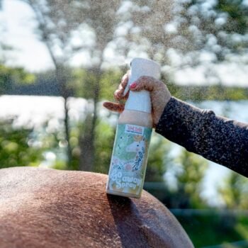 Uma pessoa pulveriza o Repelente Lilla Livet Go Away Spray 500ml B&E no dorso de um cavalo ao ar livre, com a luz do sol e as árvores ao fundo.